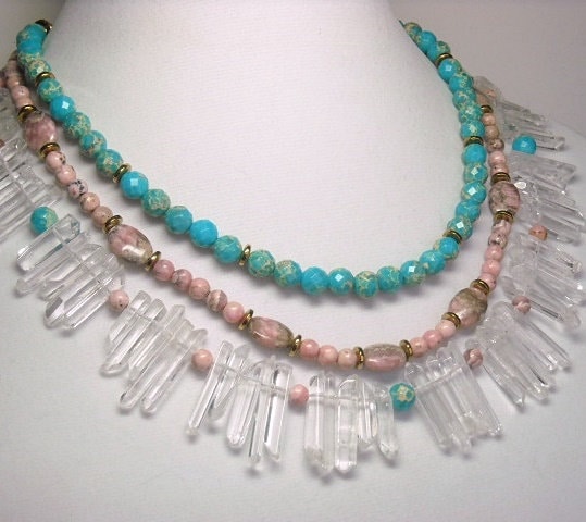 Triple,Strand,Gemstone,Necklace,,Quartz,Points,,Rhodochrosite,,Aqua,Impression,Jasper,,Tribal,,Island,Princess.,Statement,Jewelry,,Handmade,Jewelry,Necklace,gemstone_necklace,quartz_points,rhodochrosite,impression_jasper,triple_strand,statement_jewelry,tropical_beach_sea,aqua_pink,tribal_necklace,one_of_a_kind_ooak,handmade_jewelry,multi_layer_necklace,healing_chakra,10mm faceted impression j