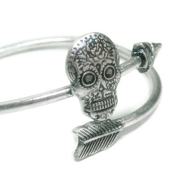 Sugar Skull Arrow Bracelet - Unisex - Cuff - Day of the Dead - Dia de los Muertos - Silver Metal Sugar Skull Spiral Bracelet