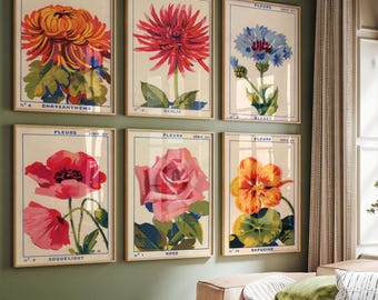 Vintage Botanical Flowers Wall Art Set Of 6, French Floral Poster Print Set, Retro Flower Canvas Prints, Colorful Wall Art, Gallery Wall Art