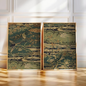 Chinoiserie Tapestry Art Print Set: Vintage Oriental Bird & Floral Wall Decor