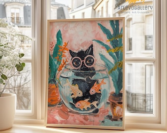 Henri Matisse - Póster de un divertido gato negro y un pez dorado, arte mural colorido, lámina de Matisse, regalo ideal para amantes de los gatos.