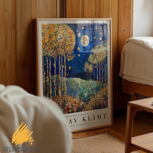 Gustav Klimt Moonlight Golden Forest Print, Gustav Klimt Painting, Botanical Wall Art, Aesthetic Wall Art, Vintage Celestial Landscape Art