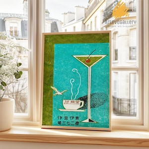Retro japanisches Cocktail Poster, lustige Retro Bar Wandkunst, Vintage Martini Druck, minimalistisches Küchen Dekor, altes Buchcover, Alkohol Poster