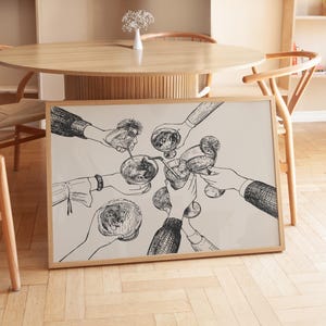 Cheers Wall Art Print, Rysunek odręczny Cocktail Print, Minimalistyczny Drink Print, Bar Cart Wall Art, Friends Toasting Line Art, Kitchen Wall Art
