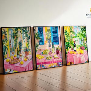 Mediterranean Kitchen Wall Art Set of 3, Colorful Food and Wine Prints, Dining Room Decor, Wine Lover Gift, Matisse Style Prints, Gift Idea