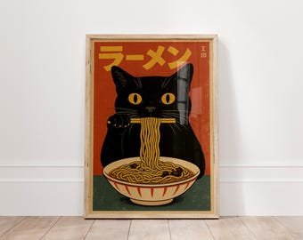 Vintage Cat Eating Ramen Wall Art, Black Cat Kitchen Decor, Japanese Wall Art, Funny Cat Print, Japanese Vintage Wall Art, Cat Lovers Gift