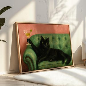 ヴィンテージの黒猫マティーニウォールアート、カクテルアートバーカートデコレーション、ヴィンテージレトロキャットプリント、ヴィンテージウォールアート、ムーディなウォールアート、レトロウォールアート