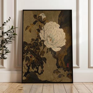 Vintage Japanese Peony Wall Art Print, Japandi Neutral Floral Print, Large Botanical Artwork for Living Room, Wabi Sabi Zen Home Decor