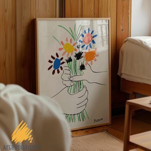 Pablo Picasso Line Art Flowers Bouquet Print, Poster Bouquet of Peace, Arte murale con fiori astratti colorati, Poster per mostre museali, Picasso