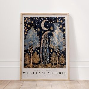 William Morris mystieke maan botanische kunst print, William Morris poster, hemelse boom kunst aan de muur, vintage natuur decor, bos decor