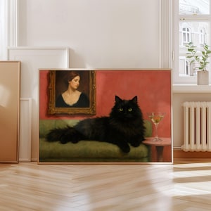 黒猫マティーニウォールアート、ヴィンテージレトロキャットプリント、ヴィンテージウォールアート、ムーディウォールアート、レトロウォールアート、カクテルアートバーカートデコレーション