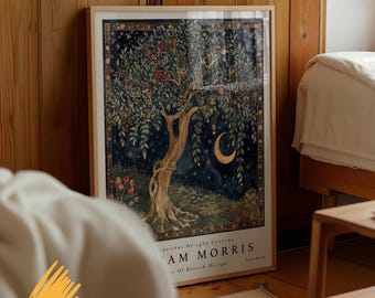 William Morris Vintage Moon Art Print, William Morris Wall Art, Exhibition Print, Aesthetic Wall Art, Tree and Moon Poster, Starry Night