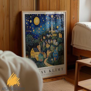 Gustav Klimt Moonlight Village Print, Gustav Klimt Painting, Blue And Gold Village Wall Art, Aesthetic Wall Art, Night Sky Wall Art