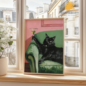 ヴィンテージの黒猫マティーニウォールアート、カクテルアートバーカートデコレーション、ヴィンテージレトロキャットプリント、ヴィンテージウォールアート、ムーディなウォールアート、レトロウォールアート