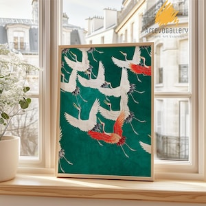 Arte murale giapponese con gru, stampa di uccelli verde smeraldo, arte murale giapponese, arte murale Japandi, decorazioni Japandi, arte murale vintage, arte murale asiatica