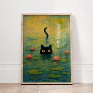 Funny Black Cat Water Lily Poster, Monet Cat Art Print, Monet Wall Art, Black Cat Art, Cat Lover Gift, Water Lily Art, Cute Cat Poster
