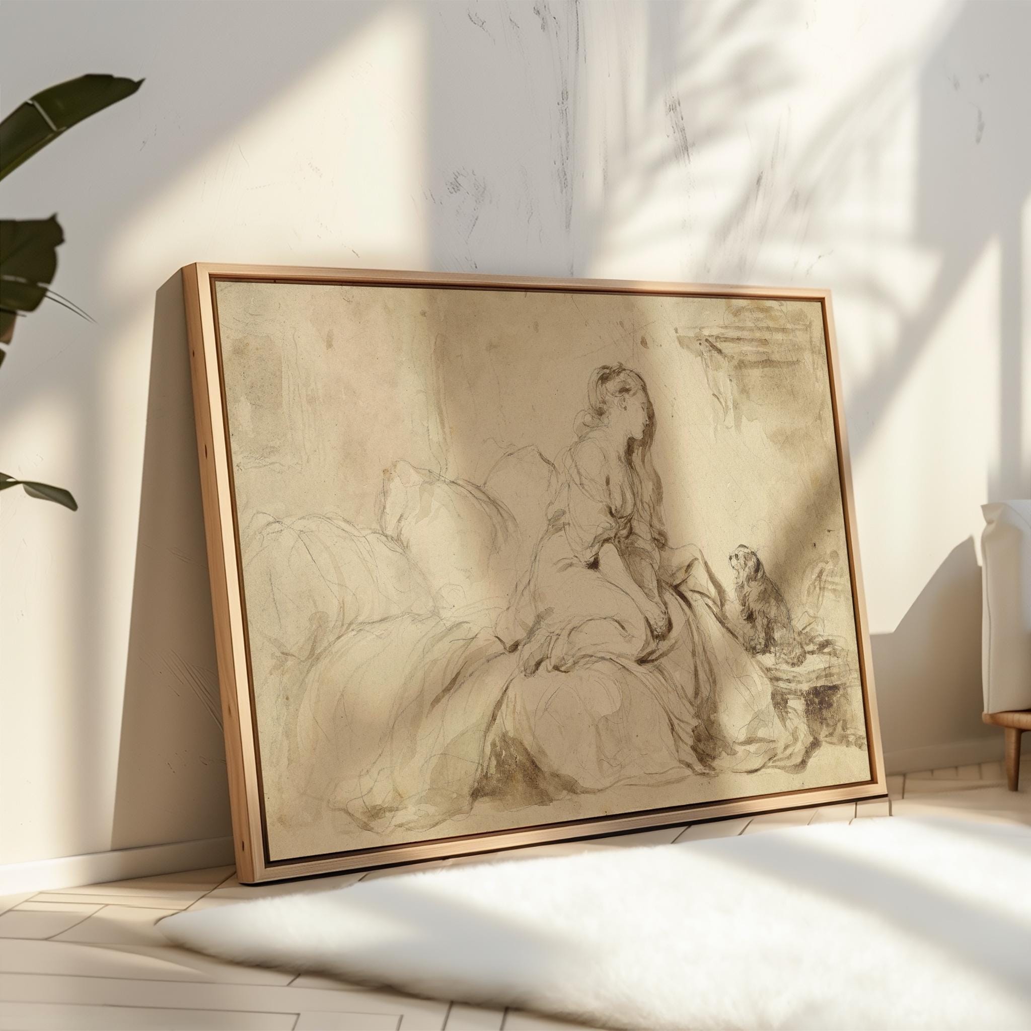 A Woman and Her Faithful Dog, Vintage Sepia Sketch Wall Art, Classical Woman And Dog Drawing Print, Soft Neutral Wall Art, French Wall Art