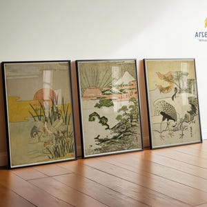 Japanese Fuji Mountain And Crane Wall Art Set Of 3, Neutral Set of 3 Prints, Japanese Wall Art, Japandi Wall Art, Asian Wall Art, Gift Idea