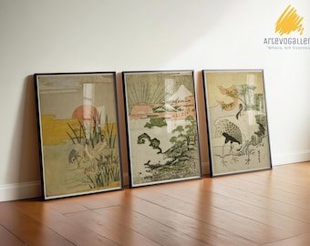 Japanese Fuji Mountain And Crane Wall Art Set Of 3, Neutral Set of 3 Prints, Japanese Wall Art, Japandi Wall Art, Asian Wall Art, Gift Idea
