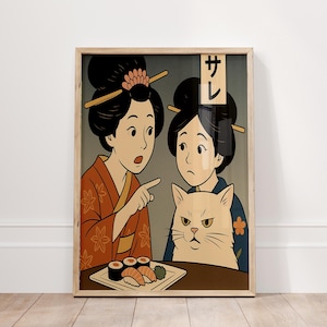Donna giapponese urla al gatto, gatto divertente, arte murale giapponese, stampa ukiyo-e, arte giapponese moderna, fan di meme e arte, idea regalo, animale divertente