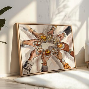 Ingelijste Cheers Wall Art Print, barwagen wanddecoratie, minimalistische drankje print, viering muur kunst, moderne bar wanddecoratie, cocktailbar decor