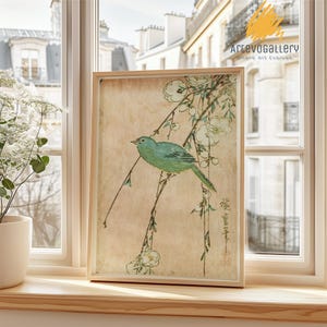 Stampa artistica antica di uccelli botanici giapponesi, poster da parete naturalistico Ukiyo-e, decorazione Japandi, arte murale giapponese, stampa minimalista di uccelli Zen