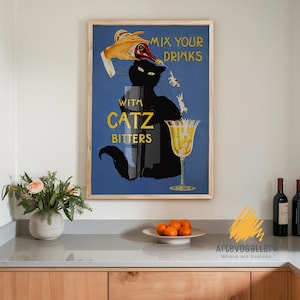 Absinth Catz Bitters Vintage Plakat, schwarze Katzen-Cocktail Retro Wandkunst, Retro Bar Wanddekor, Art Deco, Alkohol Druck, Vintage Wandkunst