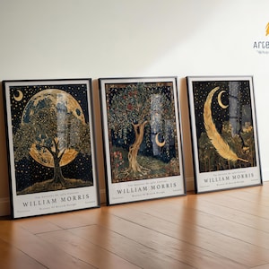 William Morris Kunstdruck Set von 3, Mond, Sterne und Natur Poster, Vintage botanische Wandkunst, Boho mystische Drucke, William Morris Wandkunst