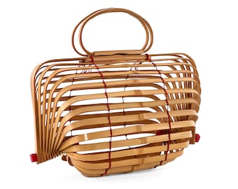 Rare Vintage 60's Japanese Bamboo and Fishnet Folding Basket