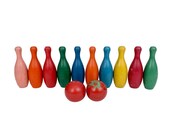 Vintage 1950s Small Wood Bowling Pin Set w 10 pins 2 balls