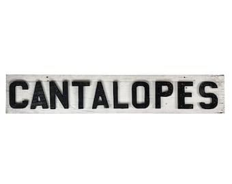 Vintage 1960s 48" x 8.5" CANTALOPES Cantaloupes  Black Cutout Letters on White Double-Sided Wood Amish Farm Produce Stand Sign