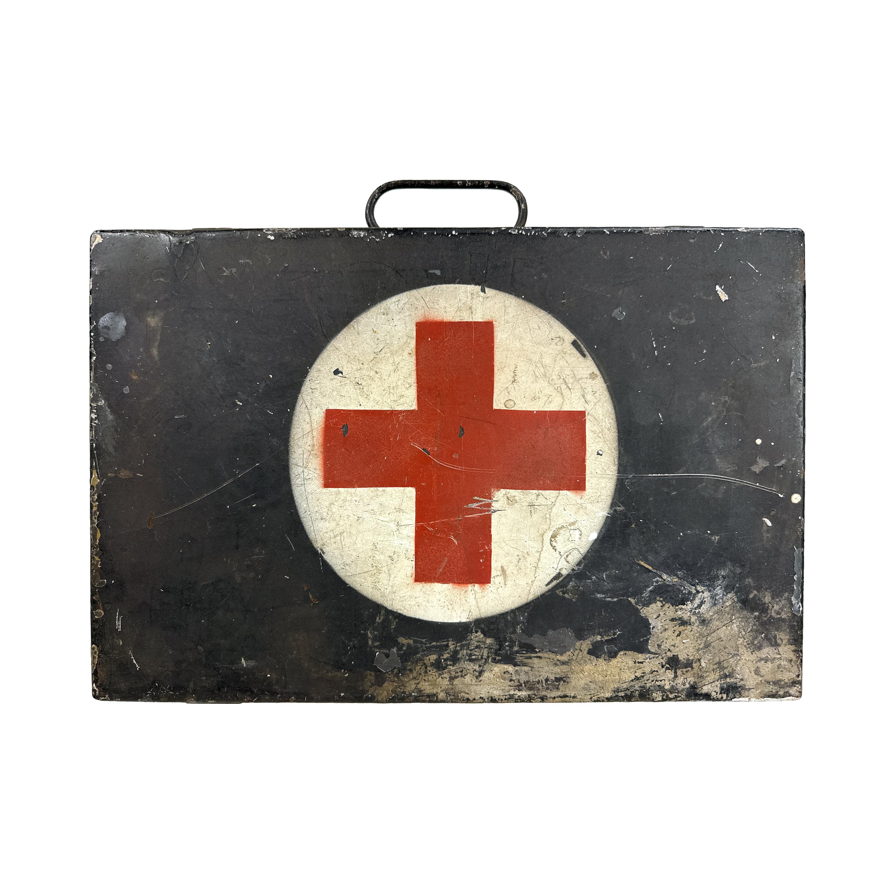 Vintage 1940s Industrial WWII Era Metal First Aid Case W/ Red