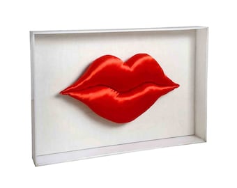 Vintage 1980s 30.5” x 20.5” Oversized Red Satin Lips Framed Soft Sculpture Pop Art Wall Hanging