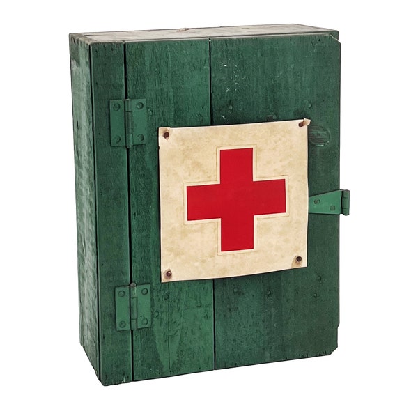 Vintage 1940s Green Painted Wood First Aid Medicine / Medical Red Cross Wall Cabinet