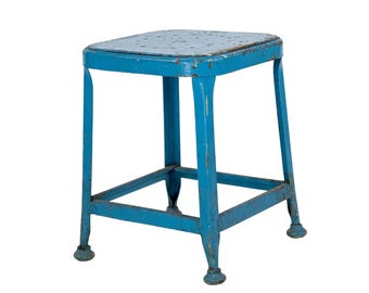 Vintage 1940s 18.5" Tall Distressed Painted Blue Industrial Metal Stool by Lyon Metal Products