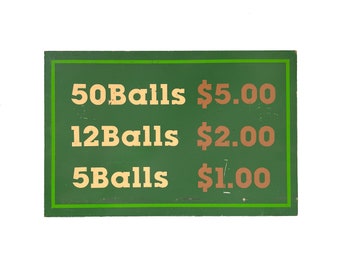 Vintage 1970s 18" x 12" Green Painted Wood Amusement Park Carnival Game Balls Sign