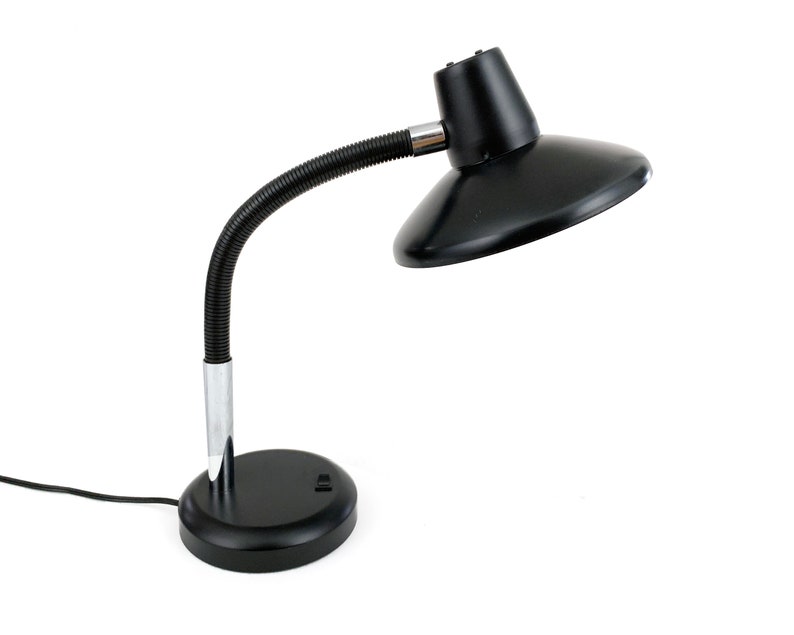 Vintage 1970s Post Modern Black Silver Gooseneck Desk Lamp