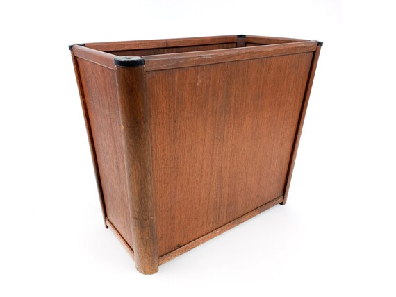 1950s 60s Vintage Mid Century Retro Brown Wood Panel Gold Metal Garbage Trash Waste Can Basket Home Office Living Decor Organization Recycle
