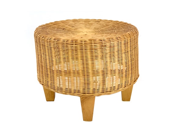 Vintage 1980s Round Wicker Bamboo Foot Stool Ottoman Vintage 1980s Round Wicker Bamboo, Round Wicker Footstool