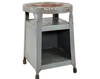 Vintage 1940s Small Industrial Distressed Gray Metal Stool w/ Storage Shelf