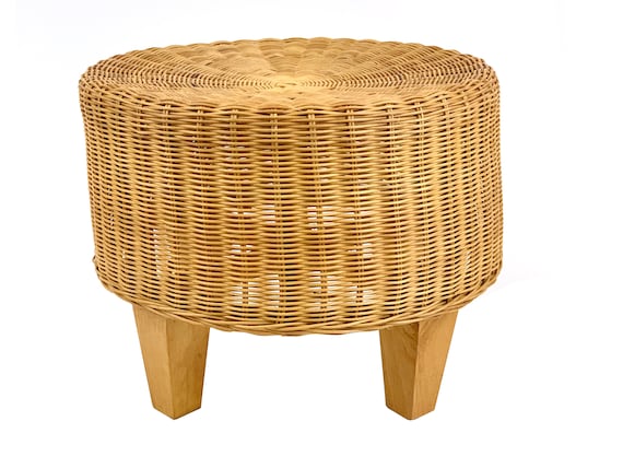 Vintage 1980s Round Wicker Bamboo Foot Stool Ottoman Vintage 1980s Round Wicker Bamboo, Round Wicker Footstool