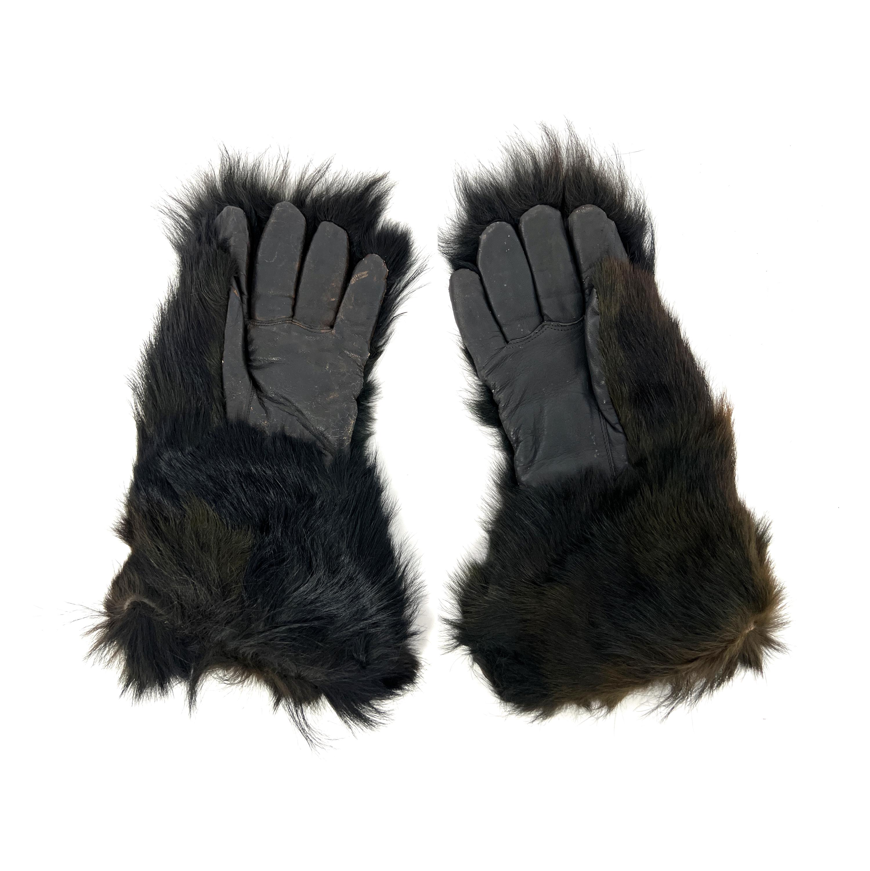 Antique 1910s Pair of Black Bear Fur & Leather W/ Corduroy Lining