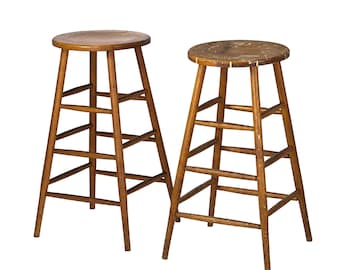 Vintage 1940s Pair of (2) 29.25" Tall Wood Artist Studio Stools w/ Paint Splatter