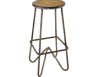 Vintage 1940s 29.5" Tall Industrial Metal Tubular Hairpin Stool w/ Masonite Seat