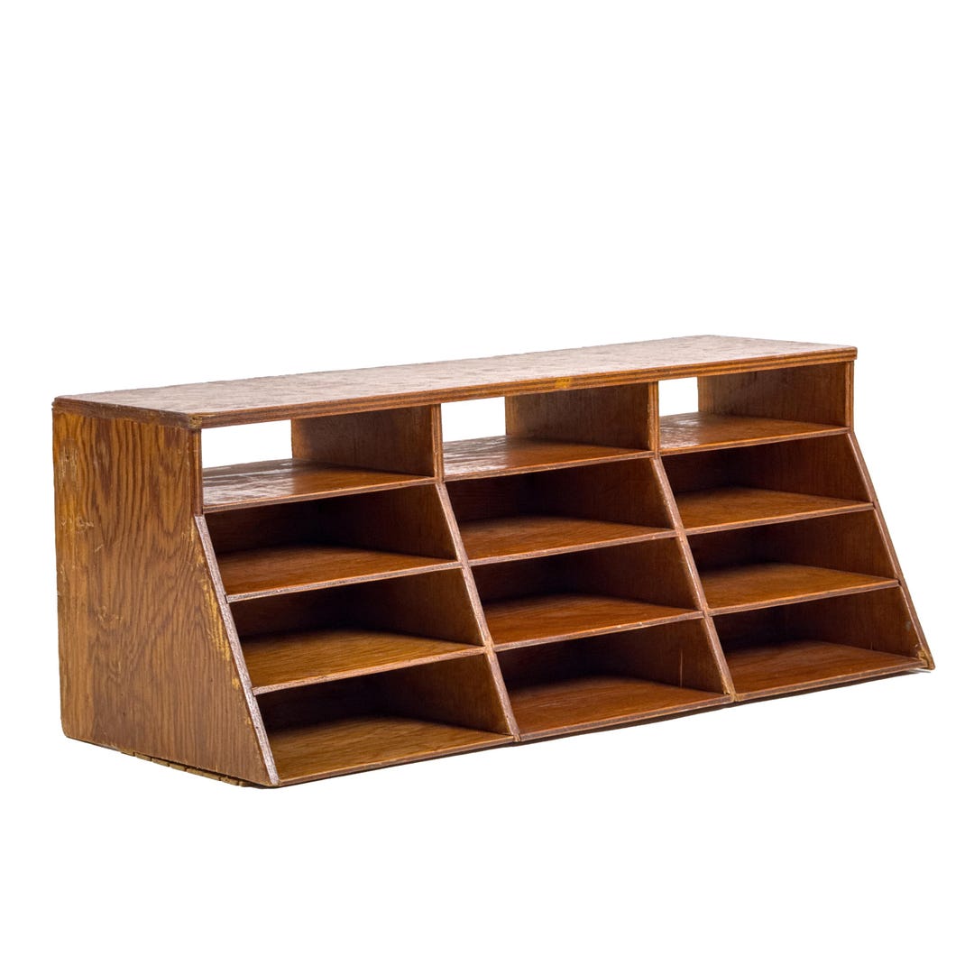 Vintage 1950s Large Modernist Wooden Desktop Cubby W/ Angled Slotted ...