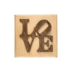 Vintage 1970s 8&quot; x 8&quot; Handmade Wood &quot;LOVE&quot; Robert Indiana Style Typographic Pop Art Folk Art Wall Plaque