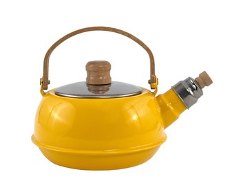 Vintage 1980s Yellow Enamel w/ Wood & Chrome Detail Whistling Tea Kettle by M. Kamenstein