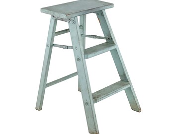 Vintage 1960s Light Blue Painted Wood Step Ladder