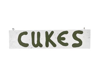 Vintage 1970s 24.25" x 5.5" Hand-Painted White + Green Double-Sided "CUKES" Cucumbers Wood Amish Farm Produce Stand Sign