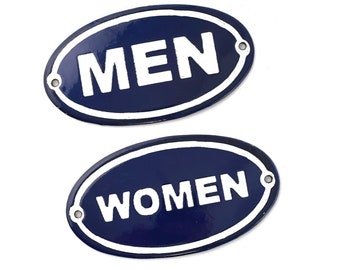 Vintage 1950s Pair of (2) 5.25" x 3" Oval Blue Porcelain Enamel Men & Women Bathroom Signs